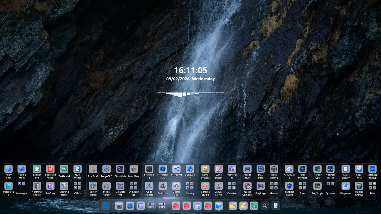 SnowDesktop con colecciones organizadas, widgets y un Dock en un escritorio de Windows
